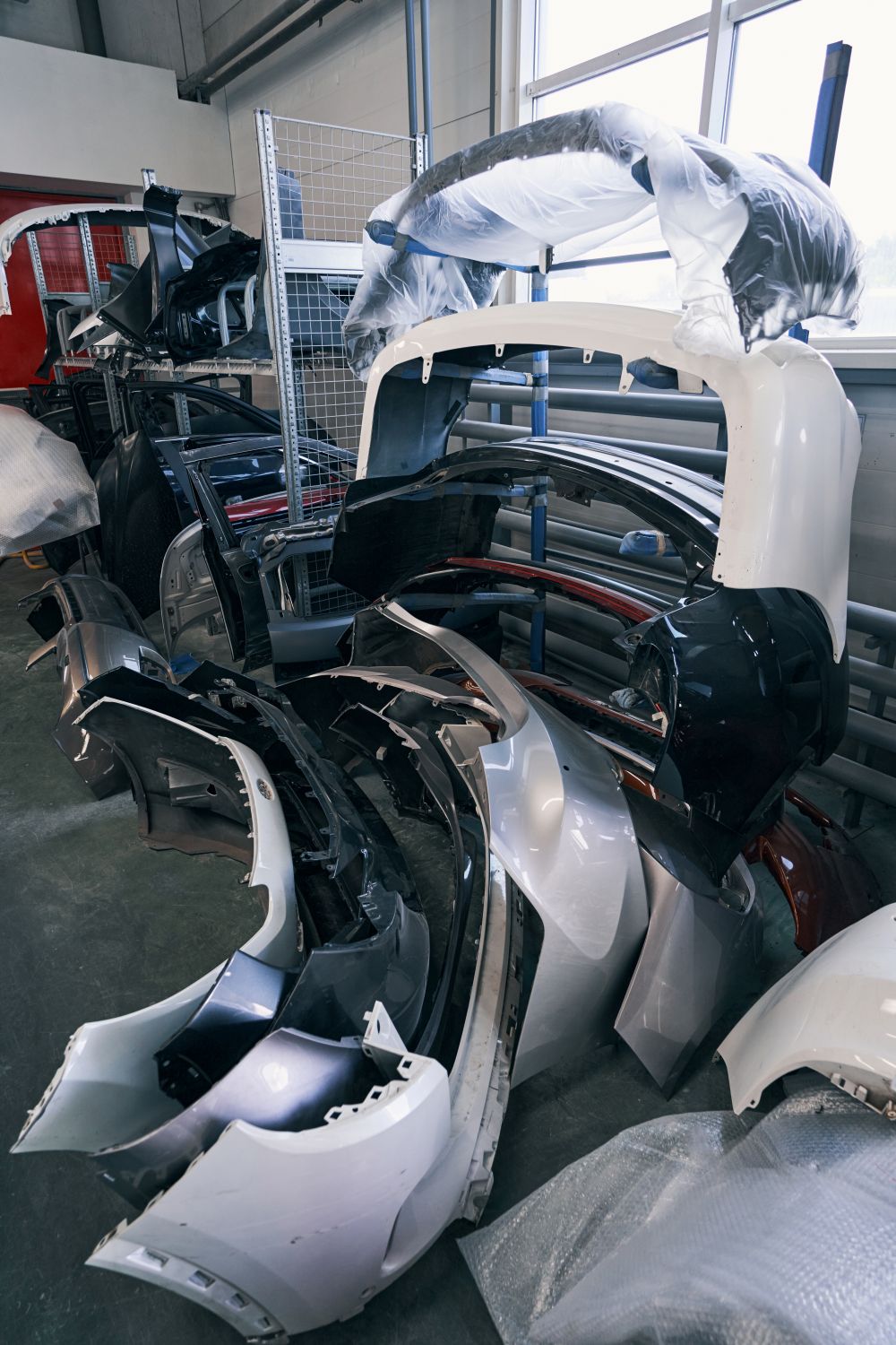 Panneaux et pare‑chocs en attente de réparation dans un atelier de carrosserie au Québec 